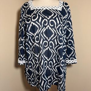 Alfred Dunner 100% Cotton Ikkat Mosaic Print Tunic with White Embroidery